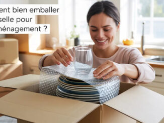 Emballer sa vaisselle : image ou photo d'une personne souriante emballe soigneusement des assiettes et des verres dans un carton de déménagement ouvert.