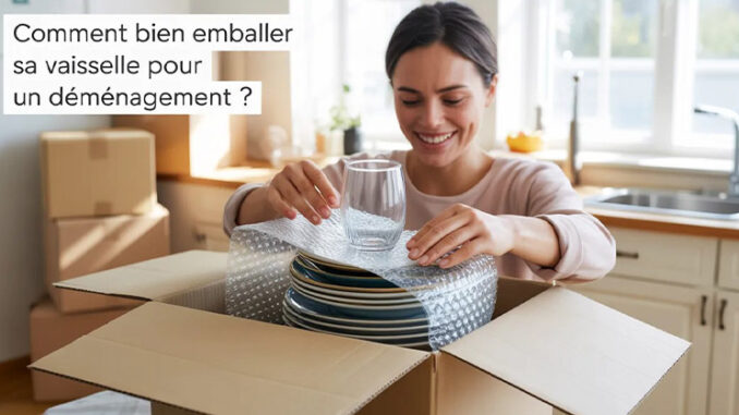 Emballer sa vaisselle : image ou photo d'une personne souriante emballe soigneusement des assiettes et des verres dans un carton de déménagement ouvert.