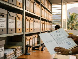 Archives physique : image ou photo d'une salle d’archives professionnelle avec des boîtes de rangement bien alignées, des dossiers papier, une main qui tient un document officiel, et en arrière-plan une légère ambiance tropicale rappelant La Réunion, avec une lumière chaude et naturelle.