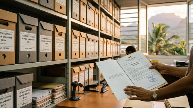 Archives physique : image ou photo d'une salle d’archives professionnelle avec des boîtes de rangement bien alignées, des dossiers papier, une main qui tient un document officiel, et en arrière-plan une légère ambiance tropicale rappelant La Réunion, avec une lumière chaude et naturelle.