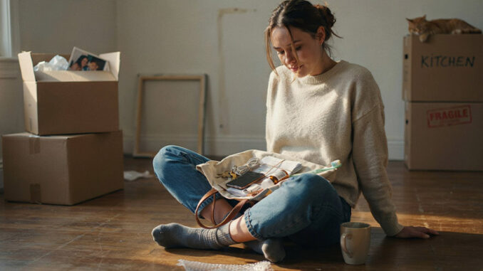 Déménagement : image ou photo d'une personne assise au milieu de cartons de déménagement, tenant un petit sac ouvert avec des objets essentiels visibles : clés, téléphone, chargeur, documents, médicaments et brosse à dents.