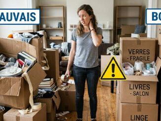 Emballage : image ou photo d'une personne en plein déménagement devant plusieurs cartons. A gauche un carton mal préparé qui déborde. A droite, des cartons bien organisés, étiquetés et fermés correctement.
