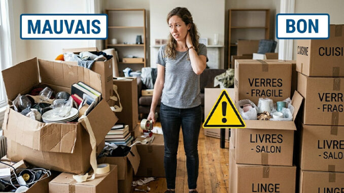 Emballage : image ou photo d'une personne en plein déménagement devant plusieurs cartons. A gauche un carton mal préparé qui déborde. A droite, des cartons bien organisés, étiquetés et fermés correctement.