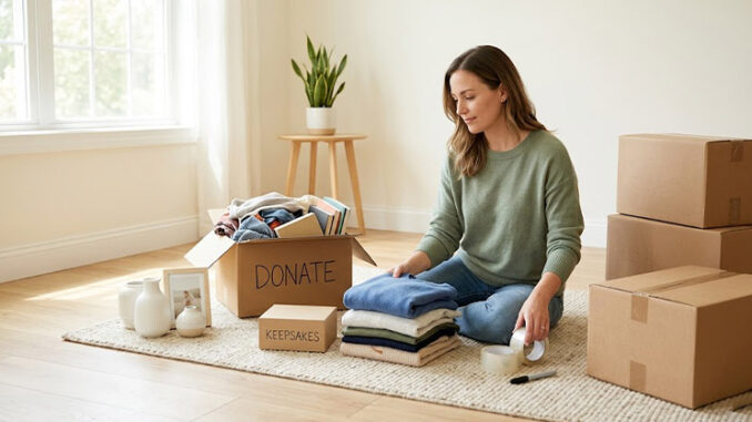 La méthode du tri par le vide : image ou photo d'une personne qui trie calmement des objets avant un déménagement, avec une pile “à garder”, une pile “à donner” et quelques affaires légères autour.