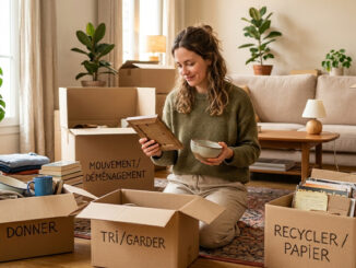 Objets inutiles : image ou photo d'une personne assise au milieu de cartons de déménagement ouverts, tenant un vieux objet dans ses mains avec une expression hésitante mais apaisée. Autour d’elle, quelques objets à donner, à recycler et à garder. L’ambiance doit être douce, lumineuse, avec une impression de nouveau départ.