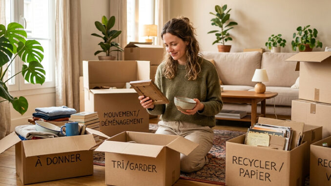 Objets inutiles : image ou photo d'une personne assise au milieu de cartons de déménagement ouverts, tenant un vieux objet dans ses mains avec une expression hésitante mais apaisée. Autour d’elle, quelques objets à donner, à recycler et à garder. L’ambiance doit être douce, lumineuse, avec une impression de nouveau départ.