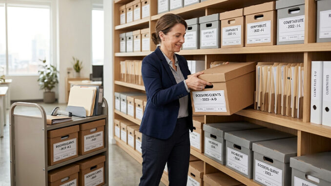 Transfert des archives : image ou photo d'une personne dans un bureau moderne, en train de déplacer des boîtes d’archives bien étiquetées, avec des dossiers rangés proprement sur une étagère. L’ambiance doit être claire, professionnelle et rassurante. On peut voir un chariot avec des cartons, quelques classeurs, et une lumière douce pour donner une impression d’organisation et de sérénité.