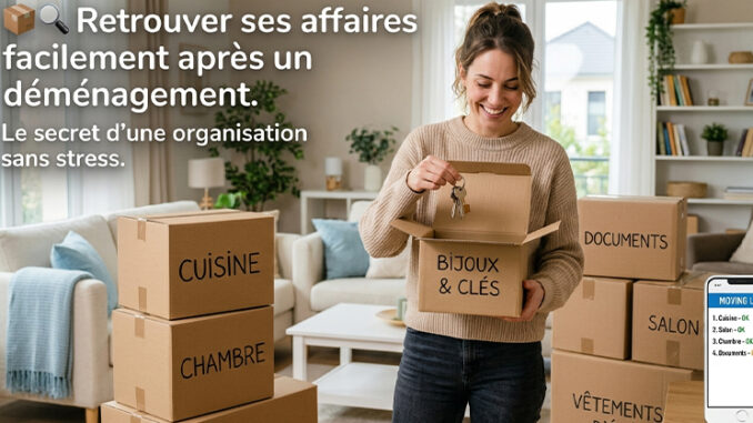 Trouver ses affaires : image ou photo représentant ne personne souriante dans son nouveau salon, entourée de quelques cartons bien étiquetés. Elle tient une boîte ouverte et vient de retrouver un objet important.