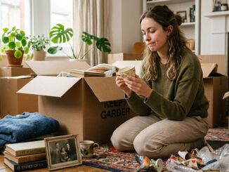 Un objet, carton : image ou photo d'une personne assise au sol devant un grand carton de déménagement ouvert, avec plusieurs objets autour : un vieux pull, une tasse, un livre, un cadre photo et un objet cassé. Elle tient un objet dans les mains avec un air hésitant, comme si elle se demandait s’il faut le garder ou non.