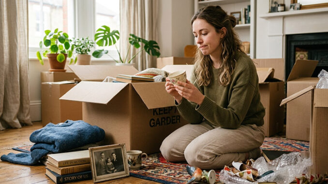 Un objet, carton : image ou photo d'une personne assise au sol devant un grand carton de déménagement ouvert, avec plusieurs objets autour : un vieux pull, une tasse, un livre, un cadre photo et un objet cassé. Elle tient un objet dans les mains avec un air hésitant, comme si elle se demandait s’il faut le garder ou non.