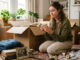 Un objet, carton : image ou photo d'une personne assise au sol devant un grand carton de déménagement ouvert, avec plusieurs objets autour : un vieux pull, une tasse, un livre, un cadre photo et un objet cassé. Elle tient un objet dans les mains avec un air hésitant, comme si elle se demandait s’il faut le garder ou non.