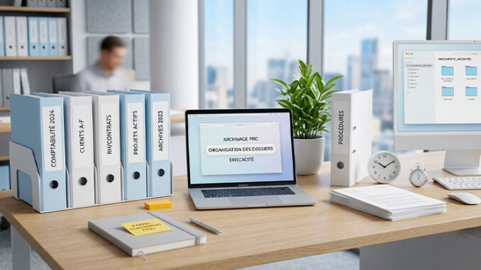 Archivage pro : image ou photo 'un bureau moderne et bien rangé avec des dossiers colorés, un ordinateur portable ouvert, quelques documents classés proprement.