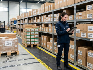 Audit stockage : image ou photo d'un entrepôt propre et bien organisé, avec des cartons d’emballage empilés sur des étagères. Au premier plan, une personne tient une tablette ou une feuille de contrôle, comme si elle faisait un audit du stock. On voit aussi quelques palettes, des zones de rangement bien délimitées.