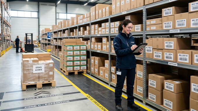 Audit stockage : image ou photo d'un entrepôt propre et bien organisé, avec des cartons d’emballage empilés sur des étagères. Au premier plan, une personne tient une tablette ou une feuille de contrôle, comme si elle faisait un audit du stock. On voit aussi quelques palettes, des zones de rangement bien délimitées.