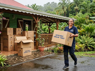 Déménager à La Réunion : image ou photo un déménagement à La Réunion, devant une maison créole entourée de végétation tropicale, cartons de déménagement double cannelure empilés sous un auvent, détail visible de l’épaisseur renforcée d’un carton, légère pluie tropicale, sol humide, atmosphère chaleureuse et rassurante, personne souriante portant un carton solide, couleurs naturelles, lumière douce.