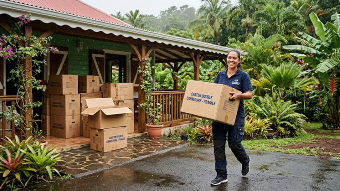 Déménager à La Réunion : image ou photo un déménagement à La Réunion, devant une maison créole entourée de végétation tropicale, cartons de déménagement double cannelure empilés sous un auvent, détail visible de l’épaisseur renforcée d’un carton, légère pluie tropicale, sol humide, atmosphère chaleureuse et rassurante, personne souriante portant un carton solide, couleurs naturelles, lumière douce.