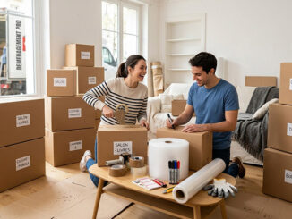 Du T1 au T5 - kit de déménagement : image ou photo d'un salon lumineux en plein déménagement avec plusieurs cartons soigneusement empilés. Chaque carton porte un petite étiquette. Au centre, un kit de déménagement complet avec du ruban adhésif, du papier bulle, un marqueur et des protections.