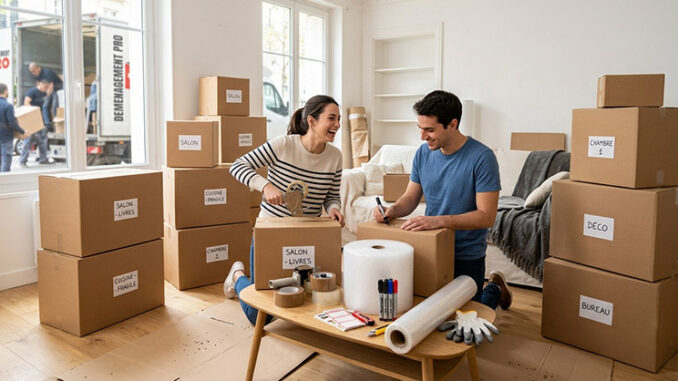 Du T1 au T5 - kit de déménagement : image ou photo d'un salon lumineux en plein déménagement avec plusieurs cartons soigneusement empilés. Chaque carton porte un petite étiquette. Au centre, un kit de déménagement complet avec du ruban adhésif, du papier bulle, un marqueur et des protections.
