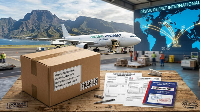 Expédier à l'international : image ou photo d'une scène professionnelle montrant un colis prêt à partir depuis La Réunion vers l’international. Le colis est posé sur une table, accompagné d’une facture commerciale, d’un formulaire douanier et d’un passeport de transport.