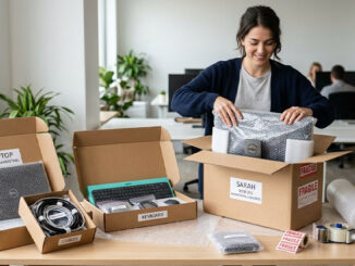 Matériel informatique : image ou photo d'un bureau en cours de déménagement avec un ordinateur portable, un écran, un clavier et des câbles bien rangés dans des cartons ouverts. On voit aussi du papier bulle, des étiquettes “fragile” et une personne qui emballe soigneusement un écran.