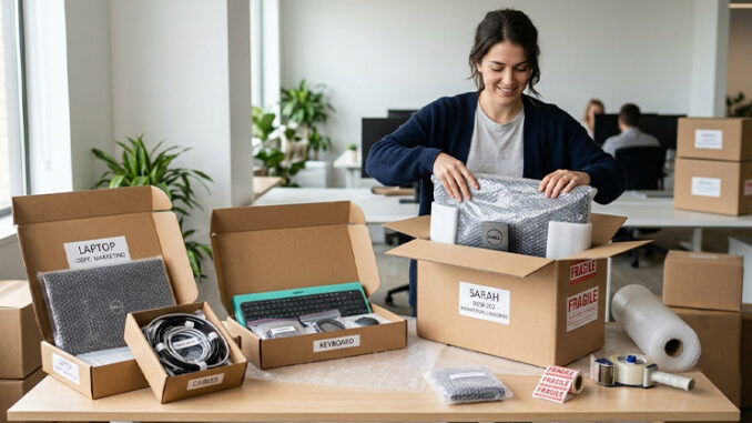 Matériel informatique : image ou photo d'un bureau en cours de déménagement avec un ordinateur portable, un écran, un clavier et des câbles bien rangés dans des cartons ouverts. On voit aussi du papier bulle, des étiquettes “fragile” et une personne qui emballe soigneusement un écran.