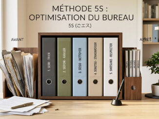 Méthode japonaise de 5S : image ou photo d'un bureau moderne et lumineux, avec une armoire d’archives parfaitement rangée. Cinq classeurs de couleurs sobres représentent les cinq étapes de la méthode 5S. À gauche, quelques dossiers désordonnés montrent la situation avant. À droite, les documents sont triés, étiquetés et bien alignés. Une petite touche japonaise, comme un cercle rouge discret ou une plante zen, rappelle l’origine de la méthode.