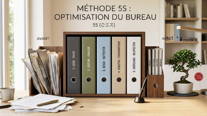 Méthode japonaise de 5S : image ou photo d'un bureau moderne et lumineux, avec une armoire d’archives parfaitement rangée. Cinq classeurs de couleurs sobres représentent les cinq étapes de la méthode 5S. À gauche, quelques dossiers désordonnés montrent la situation avant. À droite, les documents sont triés, étiquetés et bien alignés. Une petite touche japonaise, comme un cercle rouge discret ou une plante zen, rappelle l’origine de la méthode.