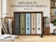 Méthode japonaise de 5S : image ou photo d'un bureau moderne et lumineux, avec une armoire d’archives parfaitement rangée. Cinq classeurs de couleurs sobres représentent les cinq étapes de la méthode 5S. À gauche, quelques dossiers désordonnés montrent la situation avant. À droite, les documents sont triés, étiquetés et bien alignés. Une petite touche japonaise, comme un cercle rouge discret ou une plante zen, rappelle l’origine de la méthode.