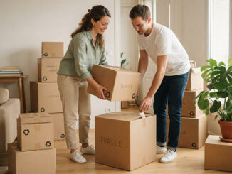 Cartons recyclés : image ou photo d'une famille ou un jeune couple en plein déménagement, entouré de cartons recyclés en kraft naturel. Certains cartons portent un petit symbole de recyclage.