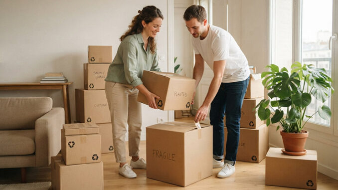 Cartons recyclés : image ou photo d'une famille ou un jeune couple en plein déménagement, entouré de cartons recyclés en kraft naturel. Certains cartons portent un petit symbole de recyclage.
